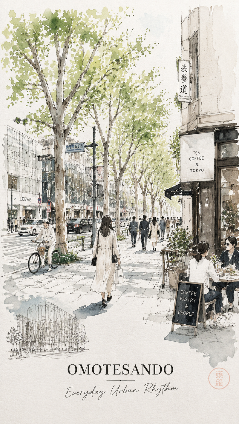 Minimalist ultra-high-resolution travel sketch poster of Omotesando, Tokyo, on c