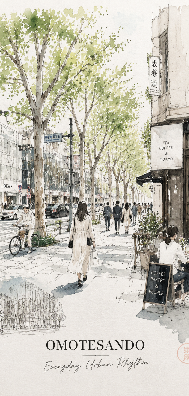 Minimalist ultra-high-resolution travel sketch poster of Omotesando, Tokyo, on c