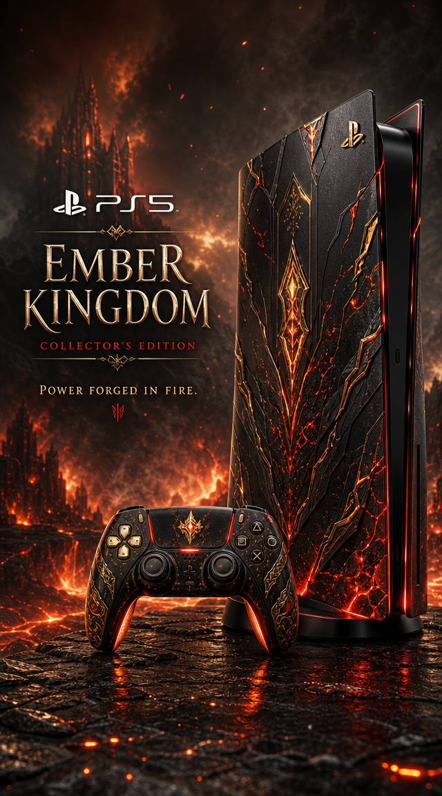 Create a premium cinematic advertising poster for a custom PS5 and matching Dual
