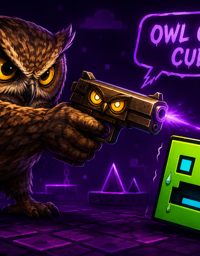 Make an owl threatening a geometry dash cube with an owl gun
