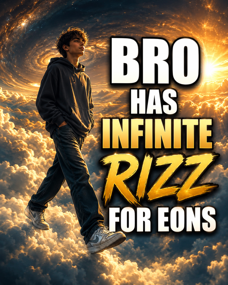 A image of a teenager walking on air with text saying BRO HAS INFINITE RIZZ FOR 