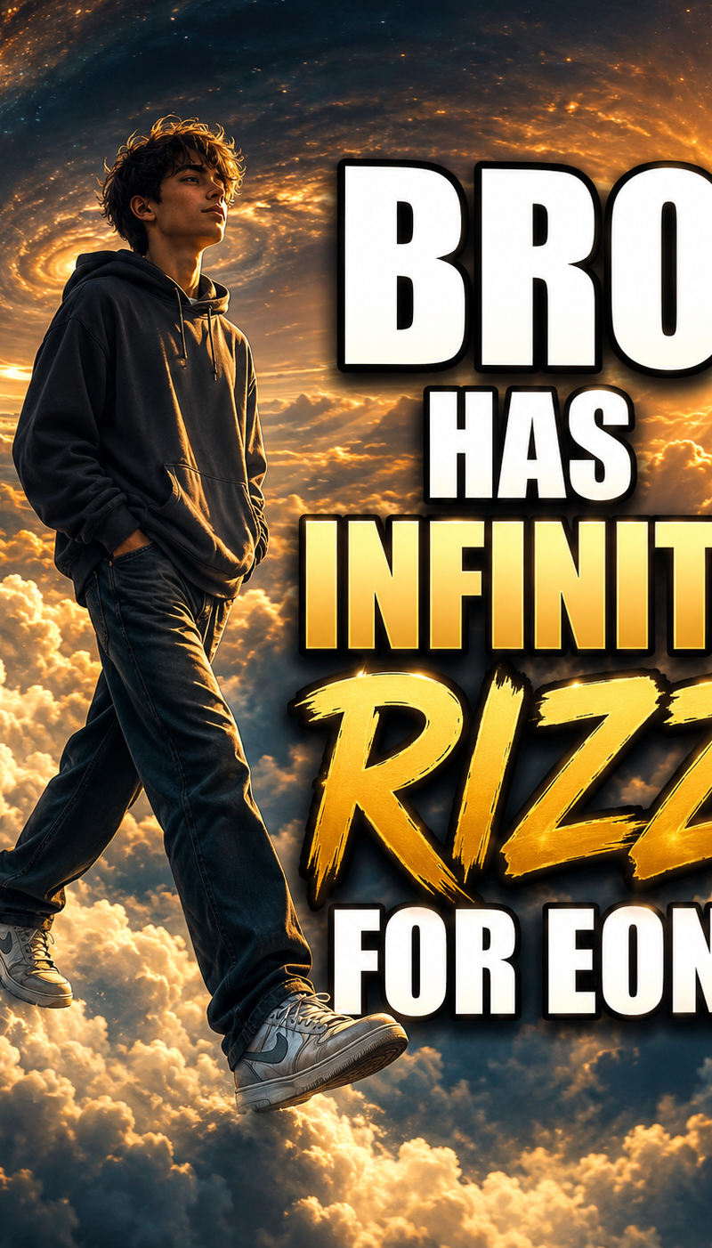 A image of a teenager walking on air with text saying BRO HAS INFINITE RIZZ FOR