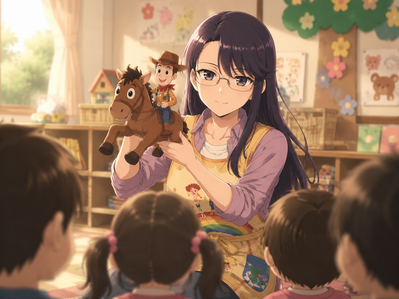 美麗な2Dアニメーションスタイル（2D anime style）で描かれた、幼稚園の教室（Kindergarten classroom）での、心が温まる日常のワ