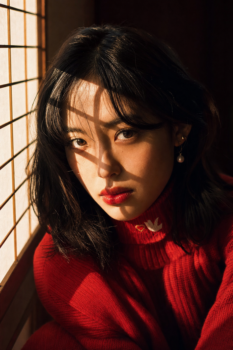 Intimate close-up portrait of a young Japanese woman kneeling near a paper shoji