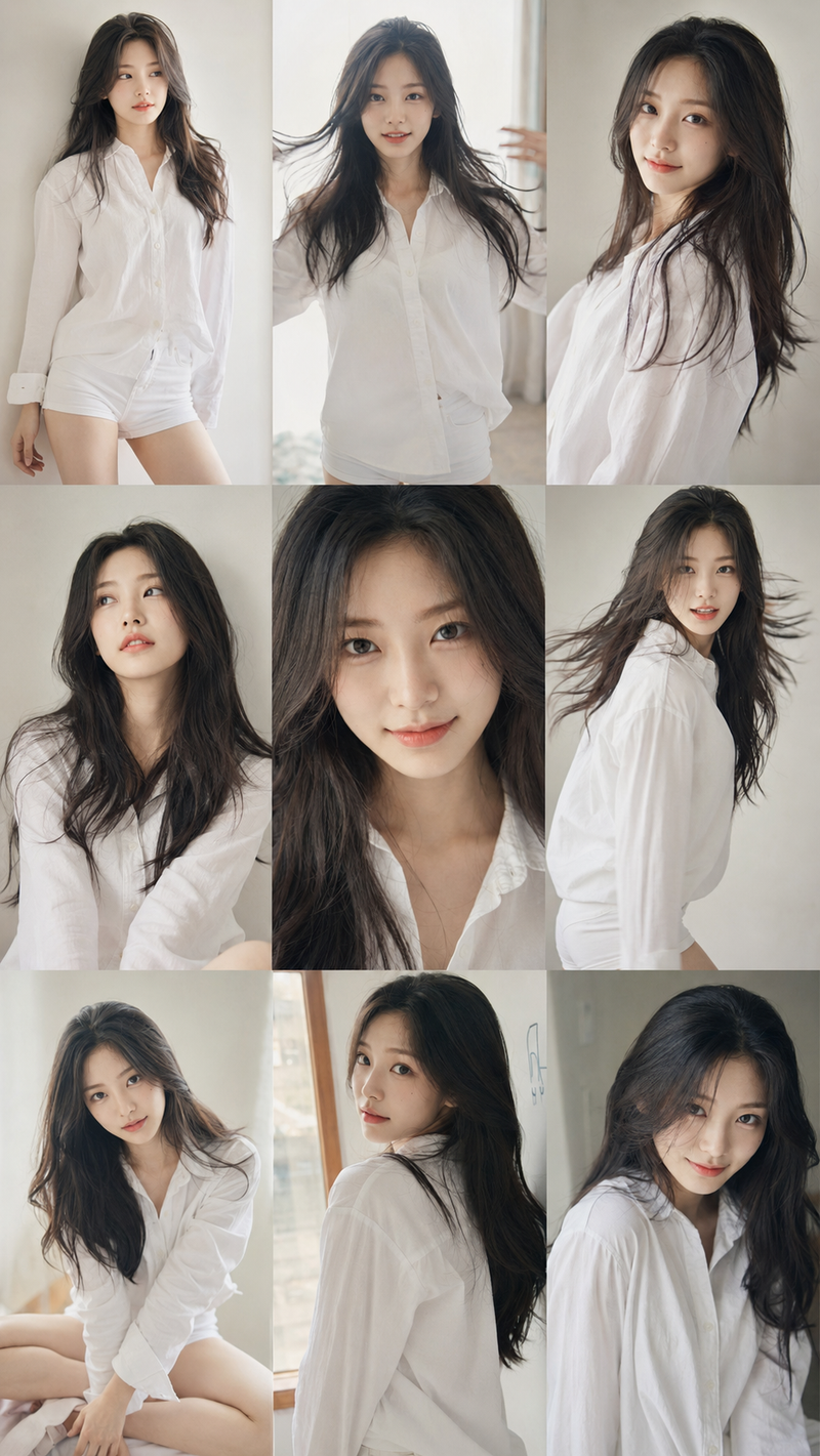 9:16 vertical — a 3x3 grid collage (nine images) forming a Korean idol portrait 