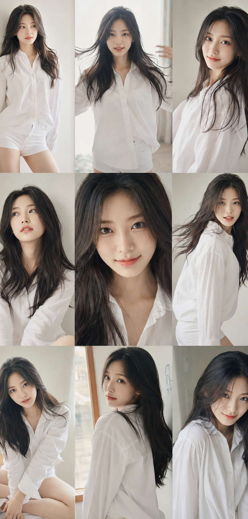 9:16 vertical — a 3x3 grid collage (nine images) forming a Korean idol portrait 