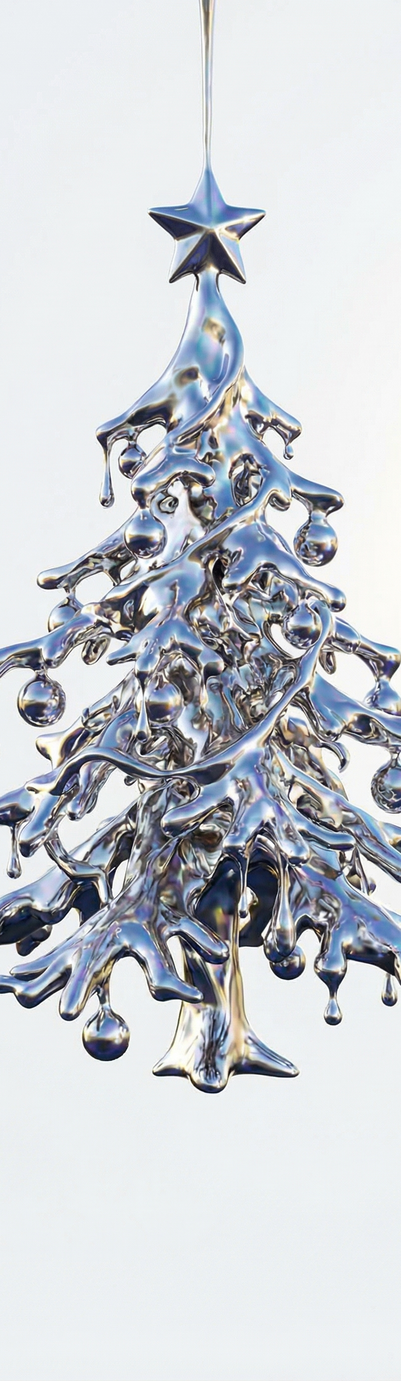 A 3D rendering of a Christmas tree shape forming by a liquid silver material, fl