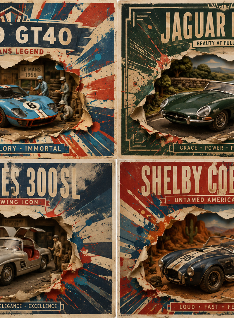 2x2 grid, 16:9, do this for 4 famous classic cars that look strange: class Hybri