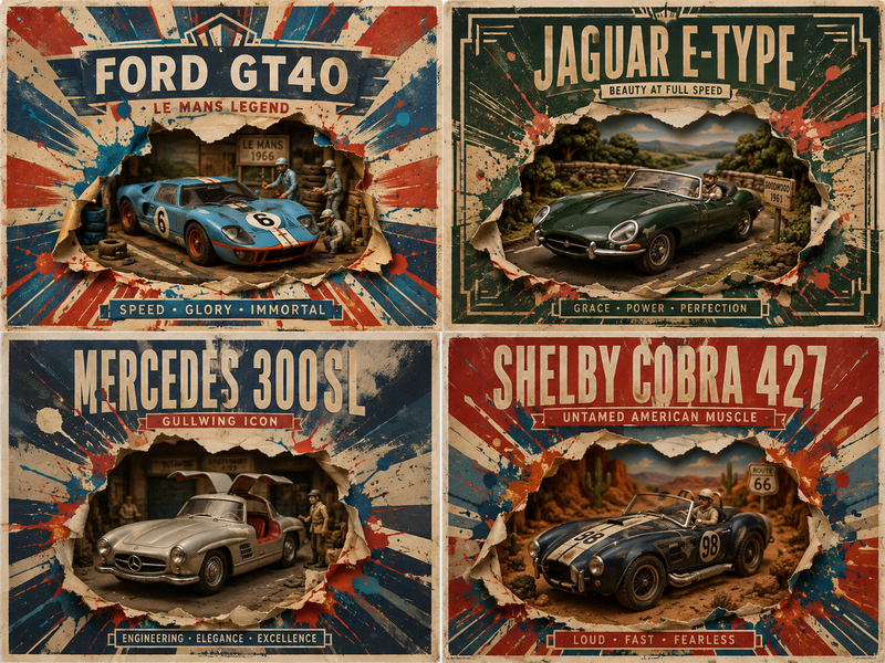 2x2 grid, 16:9, do this for 4 famous classic cars that look strange: class Hybri
