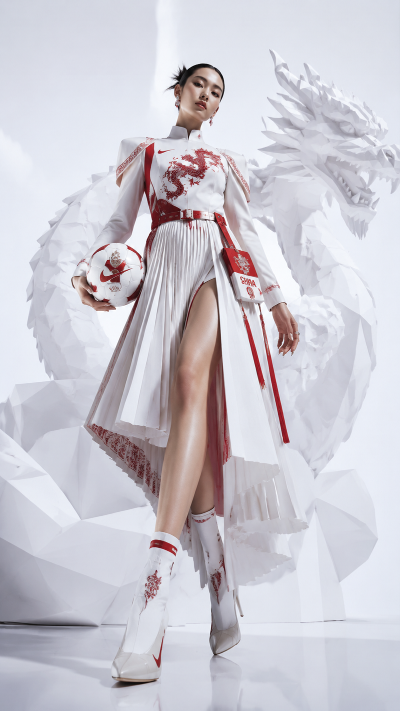A luxury editorial sports campaign poster featuring an elegant female model insp