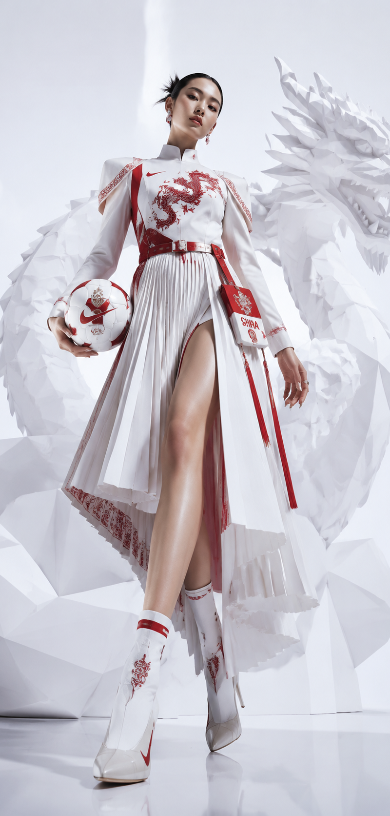 A luxury editorial sports campaign poster featuring an elegant female model insp