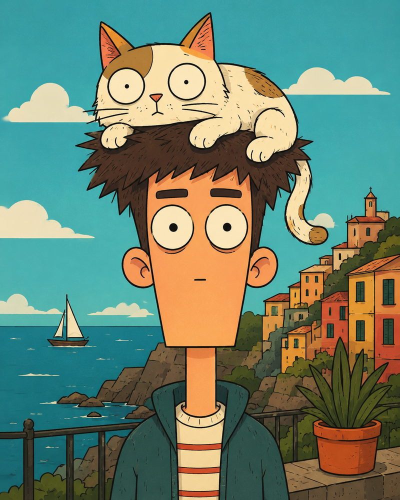 Vertical quirky flat cartoon portrait of [HUMAN] with a tall geometric head, lon