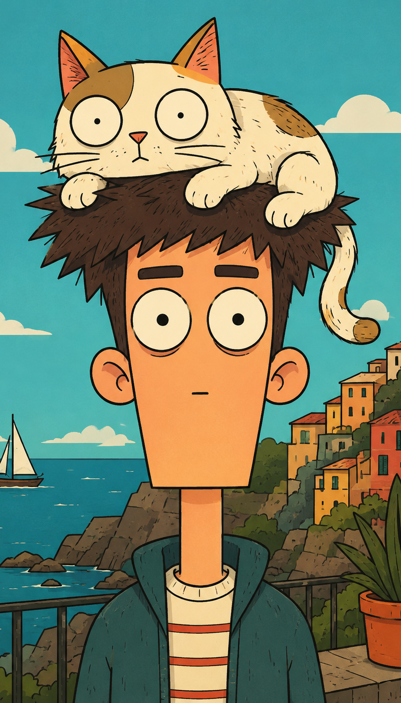 Vertical quirky flat cartoon portrait of [HUMAN] with a tall geometric head, lon