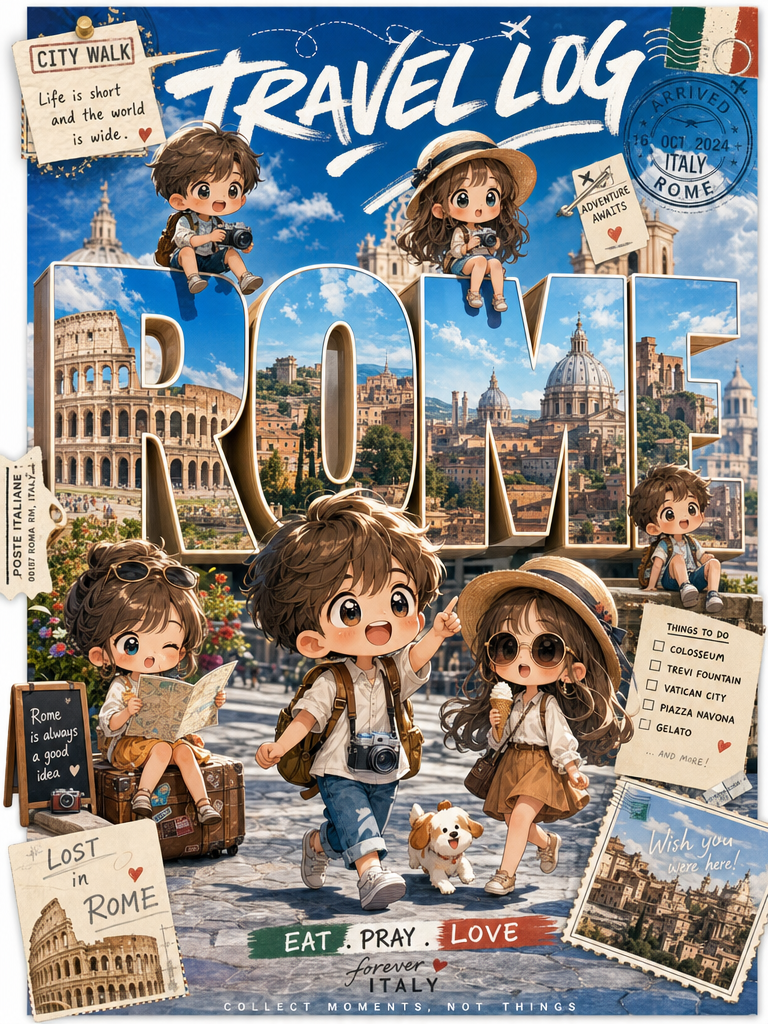 Cute chibi travel vlog poster design featuring adorable mini travelers exploring