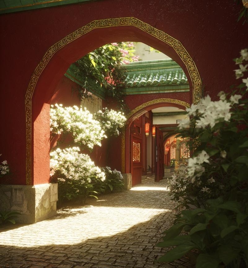 a chinese-style courtyard, with an archway entrance, carpeted ground, red walls,