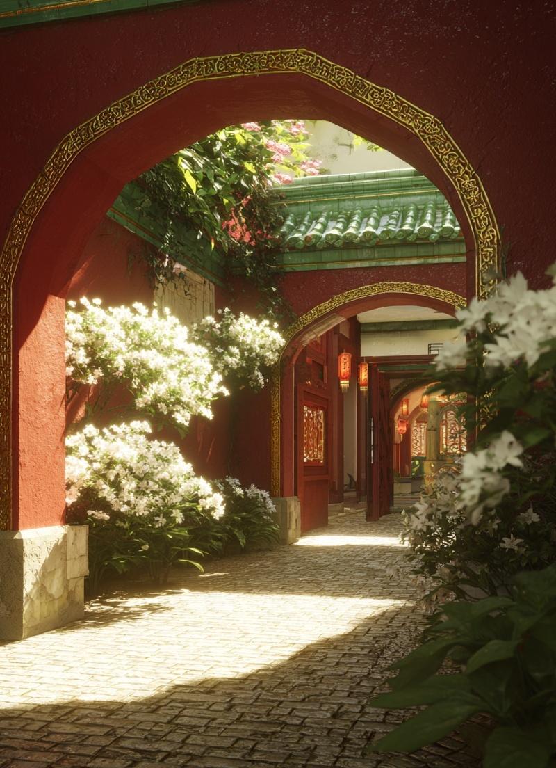 a chinese-style courtyard, with an archway entrance, carpeted ground, red walls,