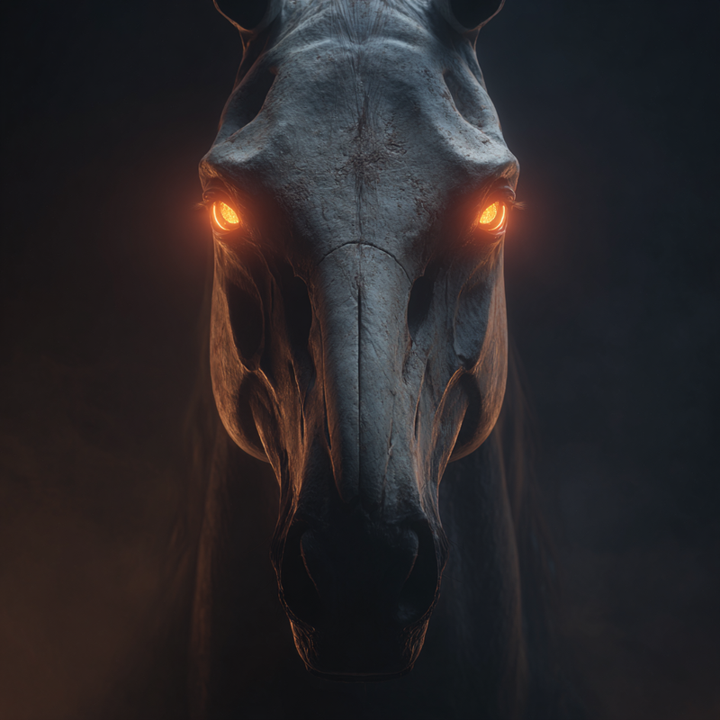 Horse with the mouth and nose as Skull, glowing orange eyes, dark, mist, realist