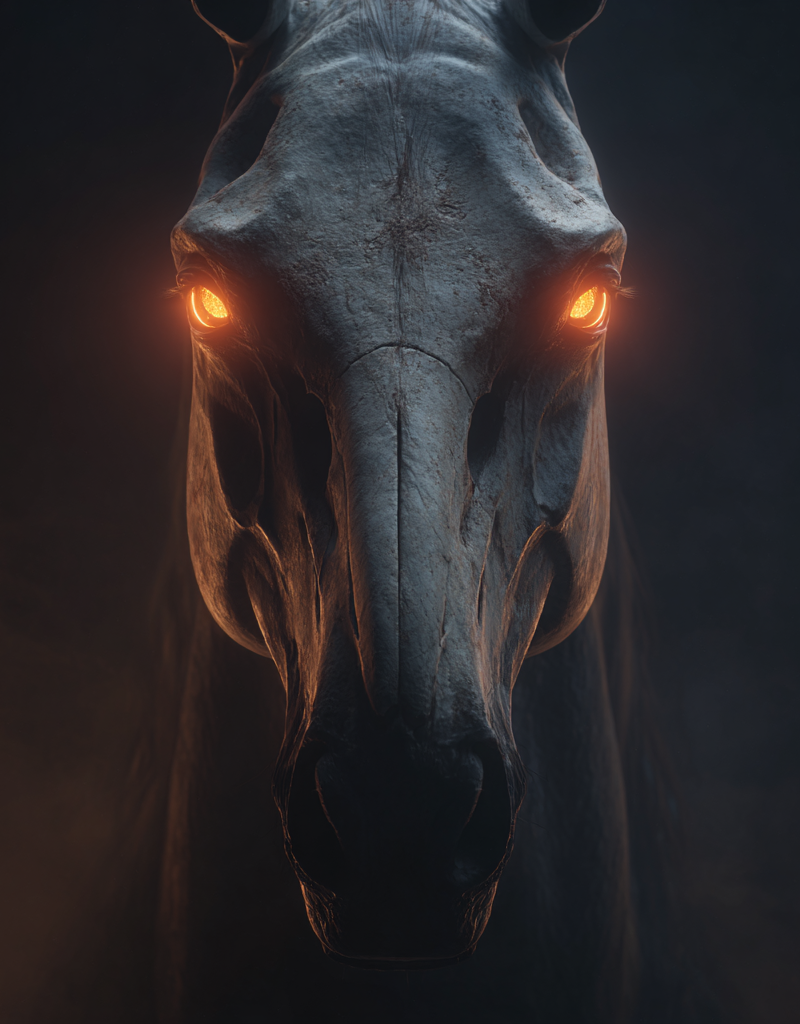 Horse with the mouth and nose as Skull, glowing orange eyes, dark, mist, realist