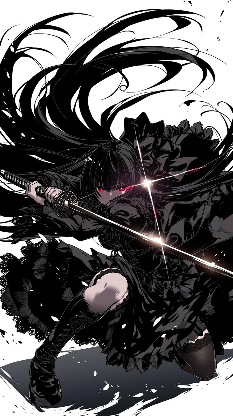 dark gothic samurai girl crouching with a katana, dynamic action pose, long blac