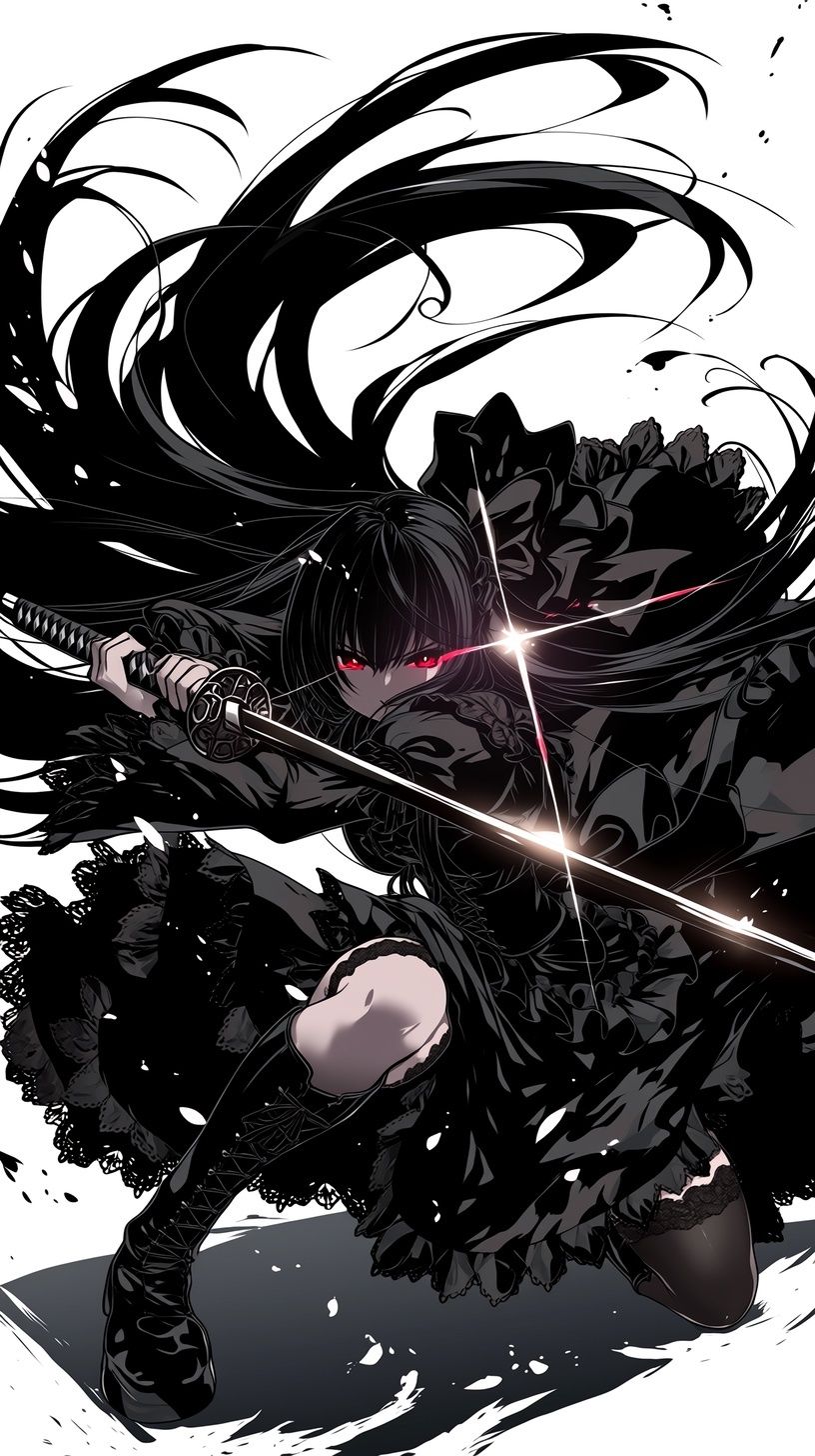 dark gothic samurai girl crouching with a katana, dynamic action pose, long blac