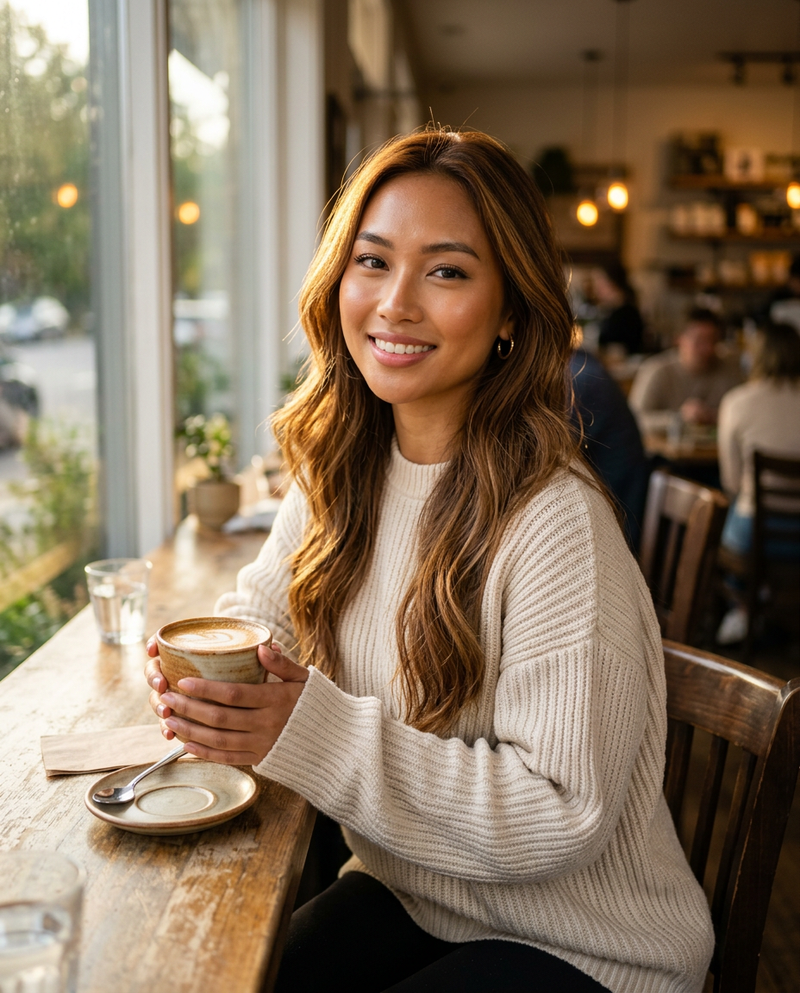 Southeast Asian woman, early 20s, almond-shaped eyes with soft intensity, define