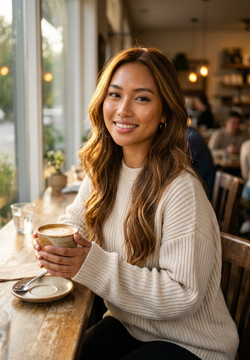 Southeast Asian woman, early 20s, almond-shaped eyes with soft intensity, define