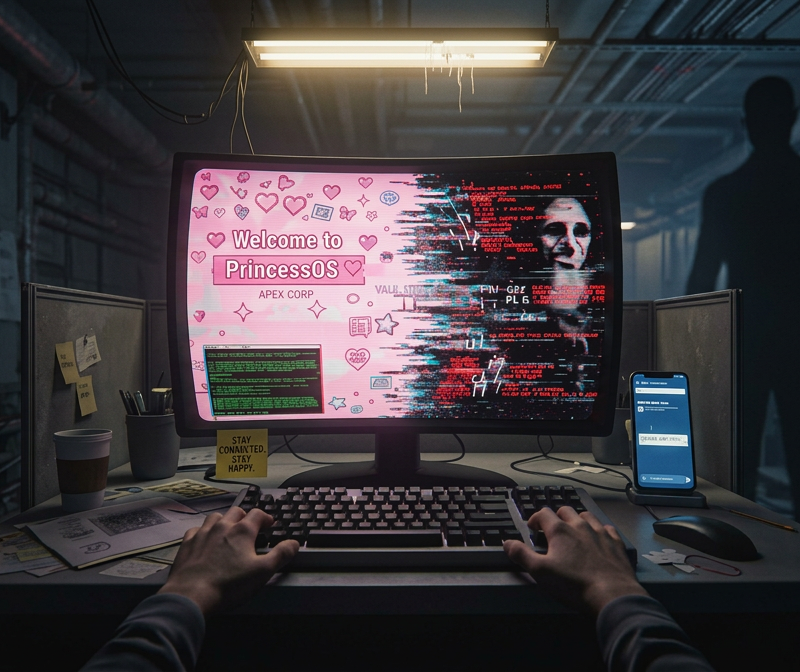 A high-resolution cinematic wide-angle shot of a cluttered retro-futuristic work