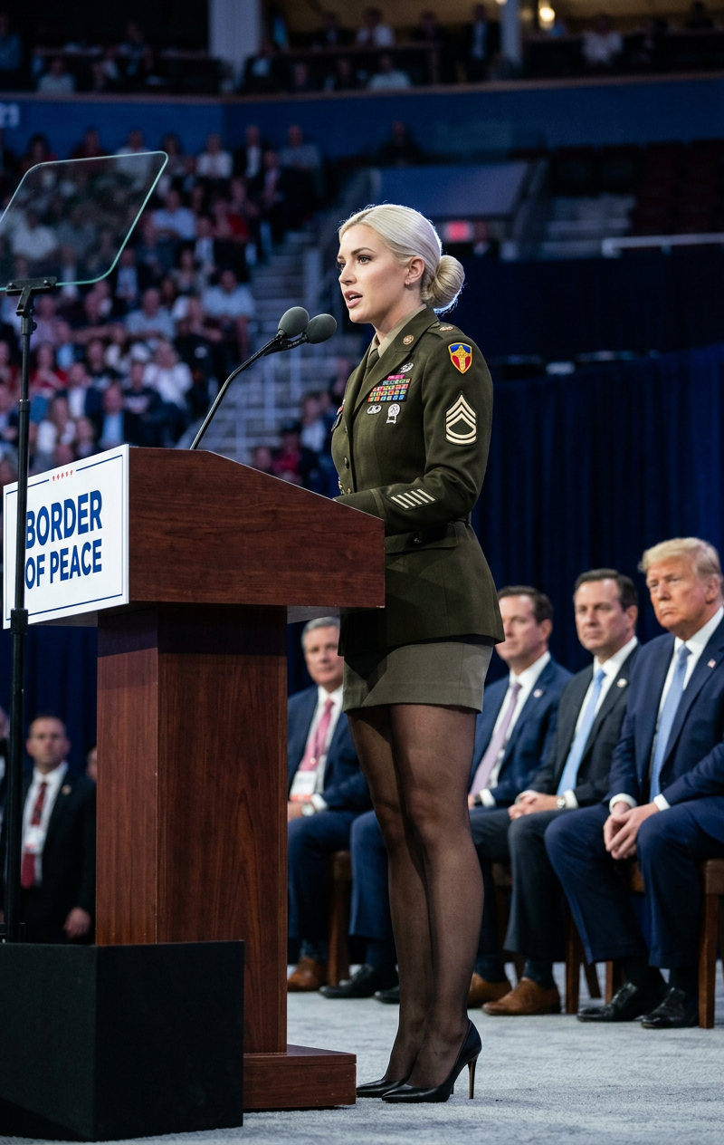 { "subject": { "description": "A young blonde Caucasian woman delivering a speec