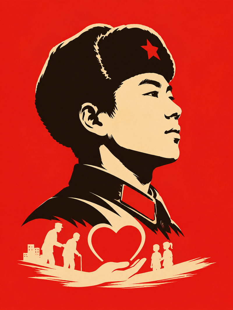 Minimalist poster of Lei Feng, iconic side profile silhouette with the ushanka h
