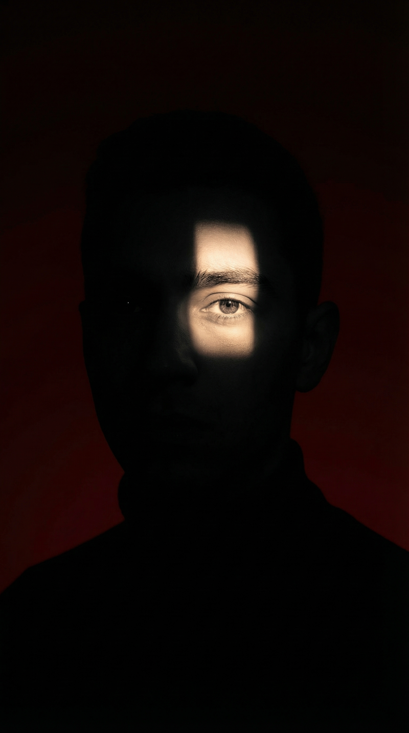 dramatic portrait where only one eye is illuminated through a narrow beam of lig