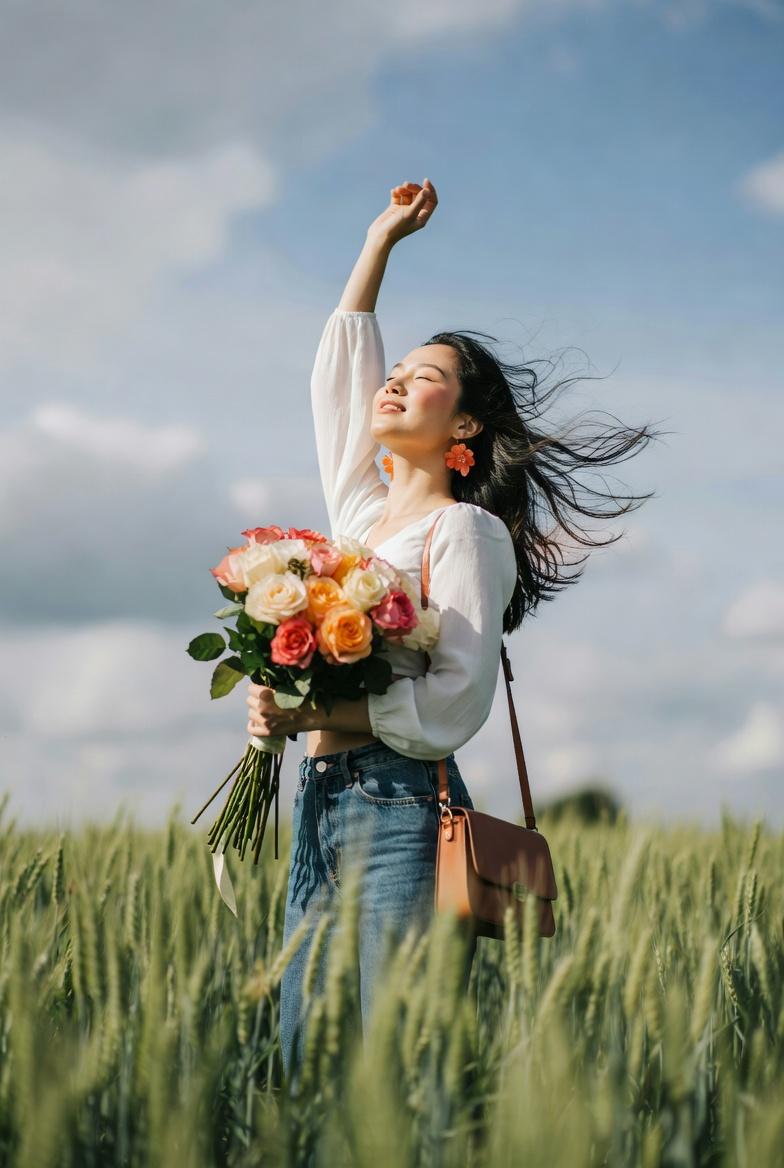 { "subject": { "description": "Young Asian woman embracing wind in field", "mirr