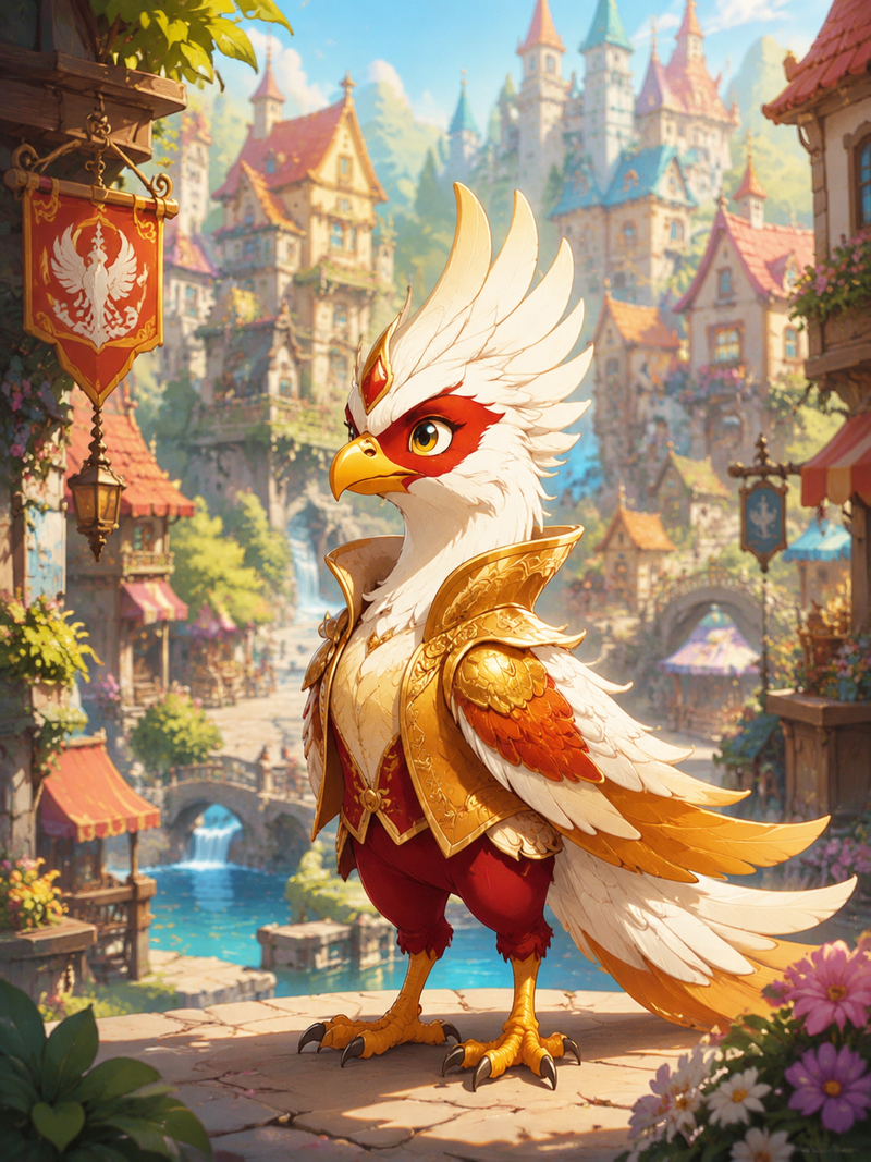 Firenix, a small phoenix wearing a golden decorated warrior jacket, standing pro