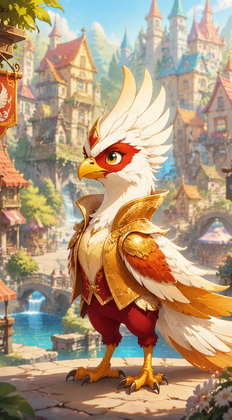 Firenix, a small phoenix wearing a golden decorated warrior jacket, standing pro