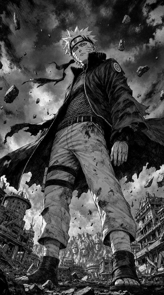 Uzumaki Naruto standing alone in a dominant powerful pose, looking down toward t