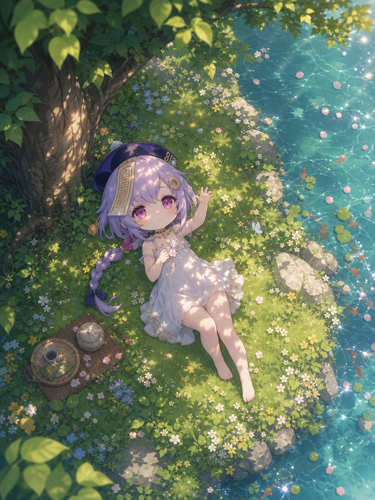 Created with: QiQi (Genshin Impact) lying on the grass under a large tree
