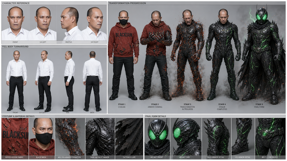 Create a professional character reference sheet based strictly on the uploaded r
