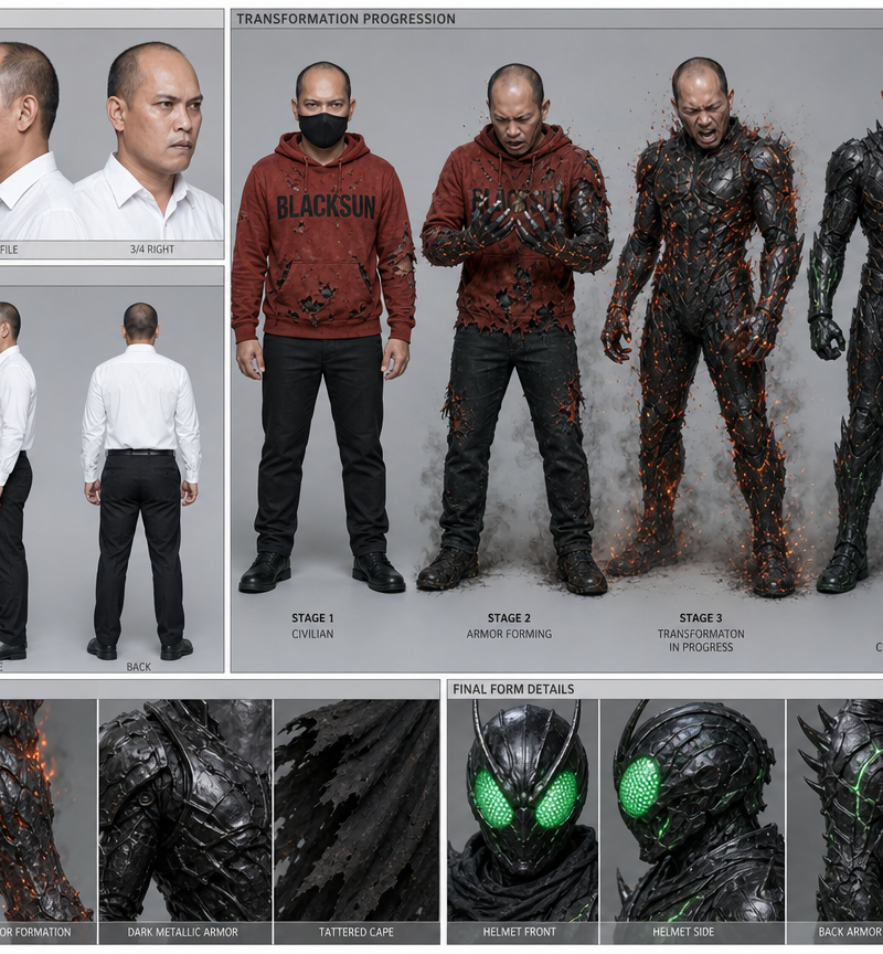 Create a professional character reference sheet based strictly on the uploaded r