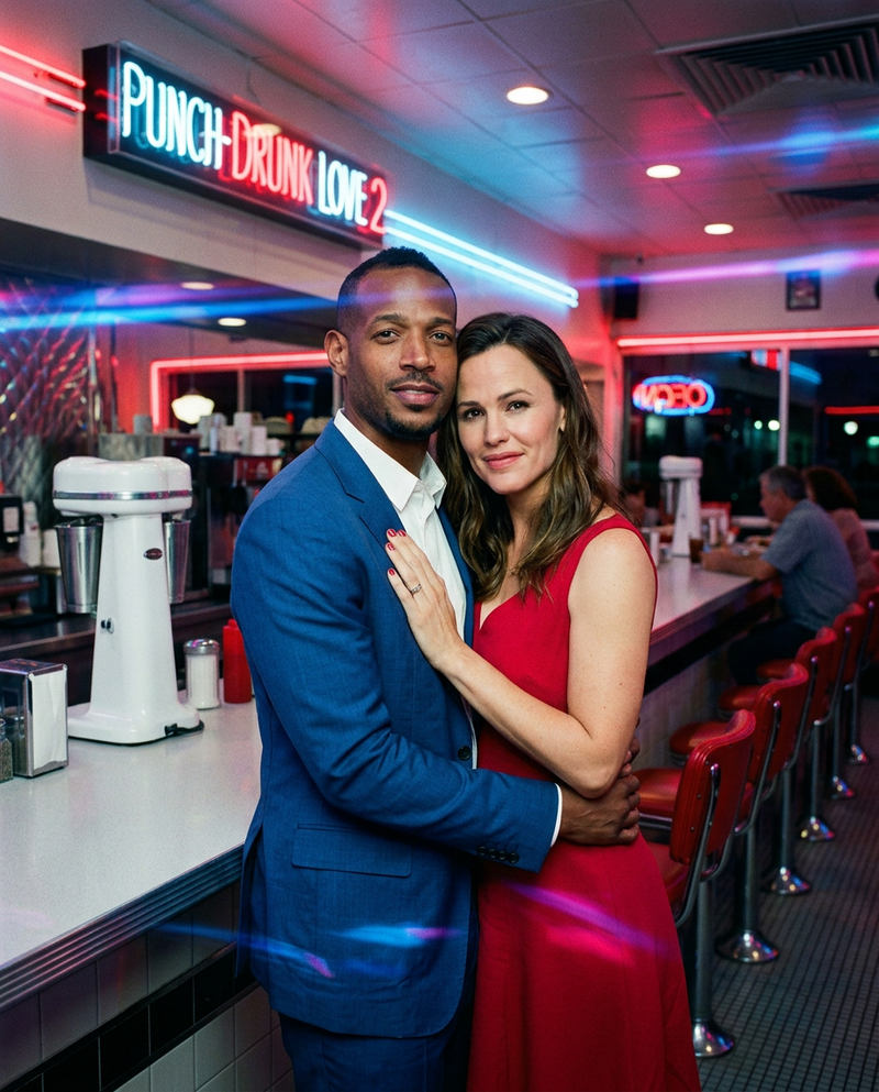 Jennifer Garner & Marlon Wayans both of them hug side by side her hand on his ch