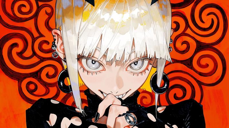 A manga showing a woman with short white hair and silver eyes, wearing black ear
