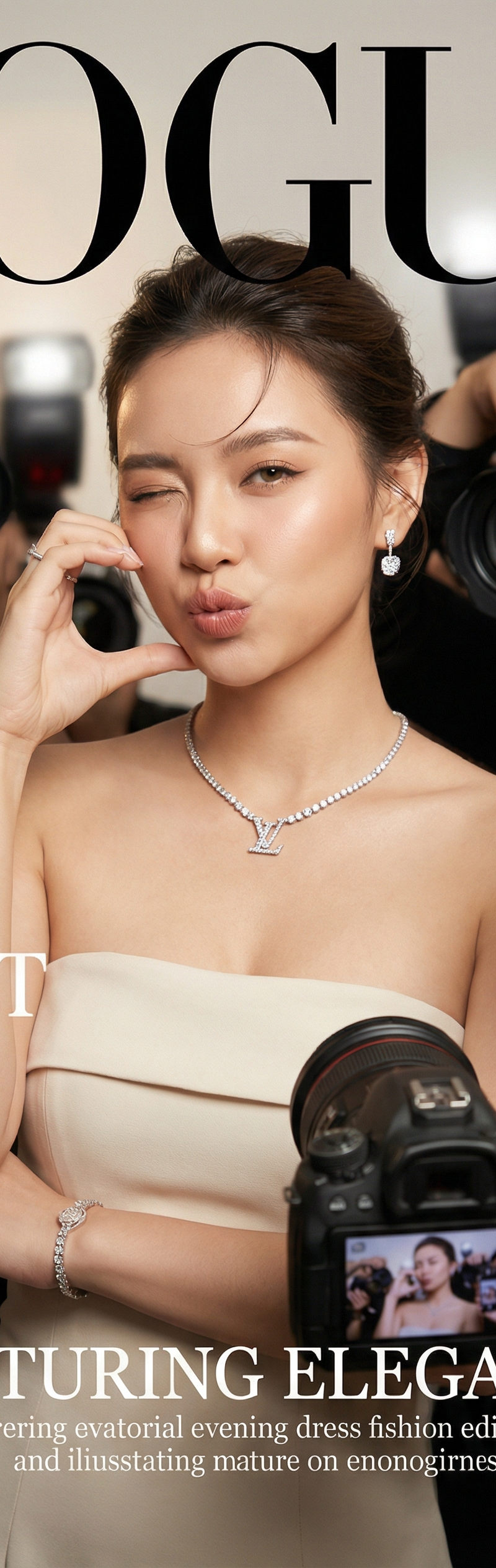 Create a realistic Vogue magazine cover–style fashion portrait using the real fa