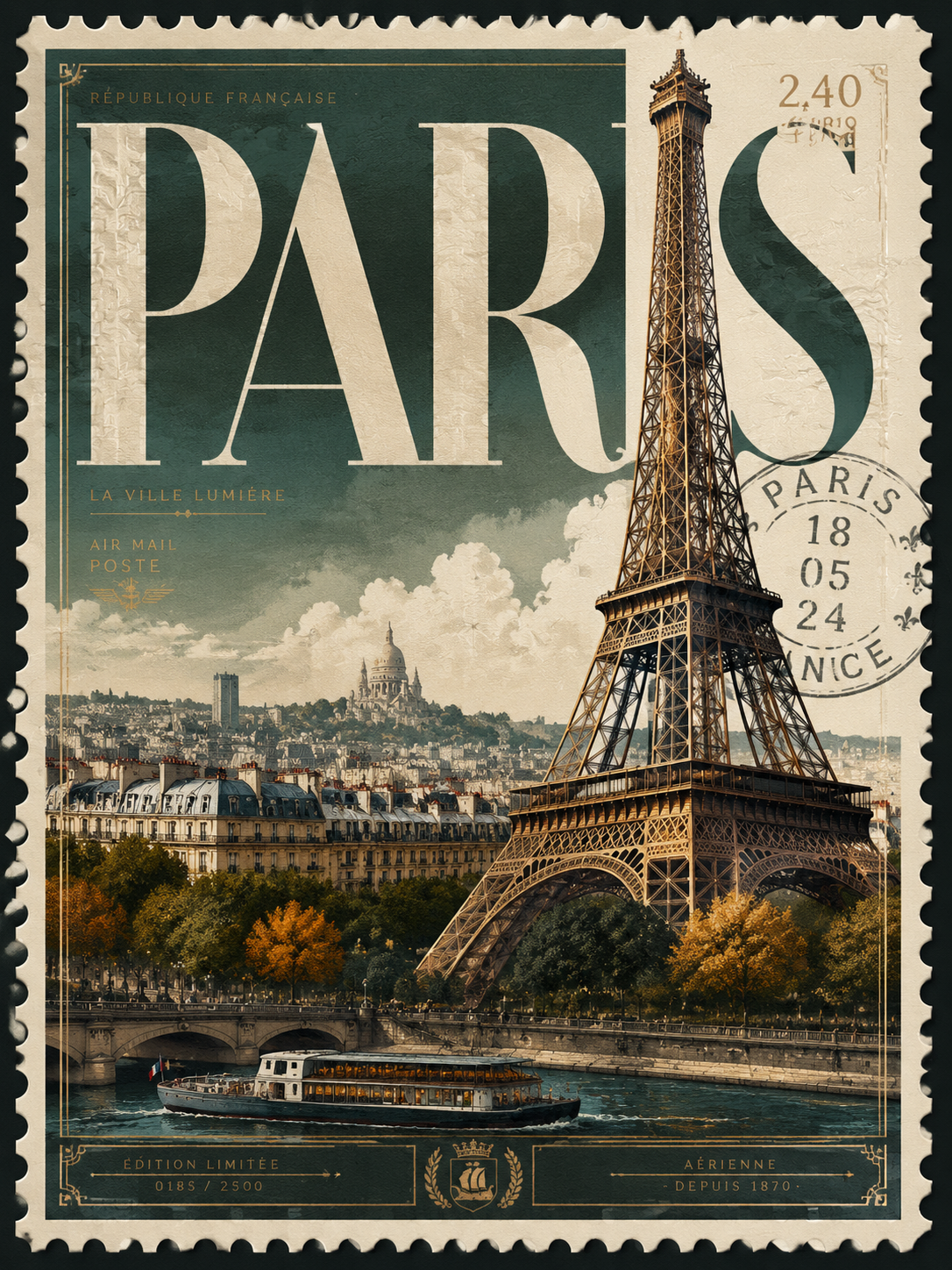 Design a premium 4:5 collectible postal-stamp poster for [CITY], where the entir