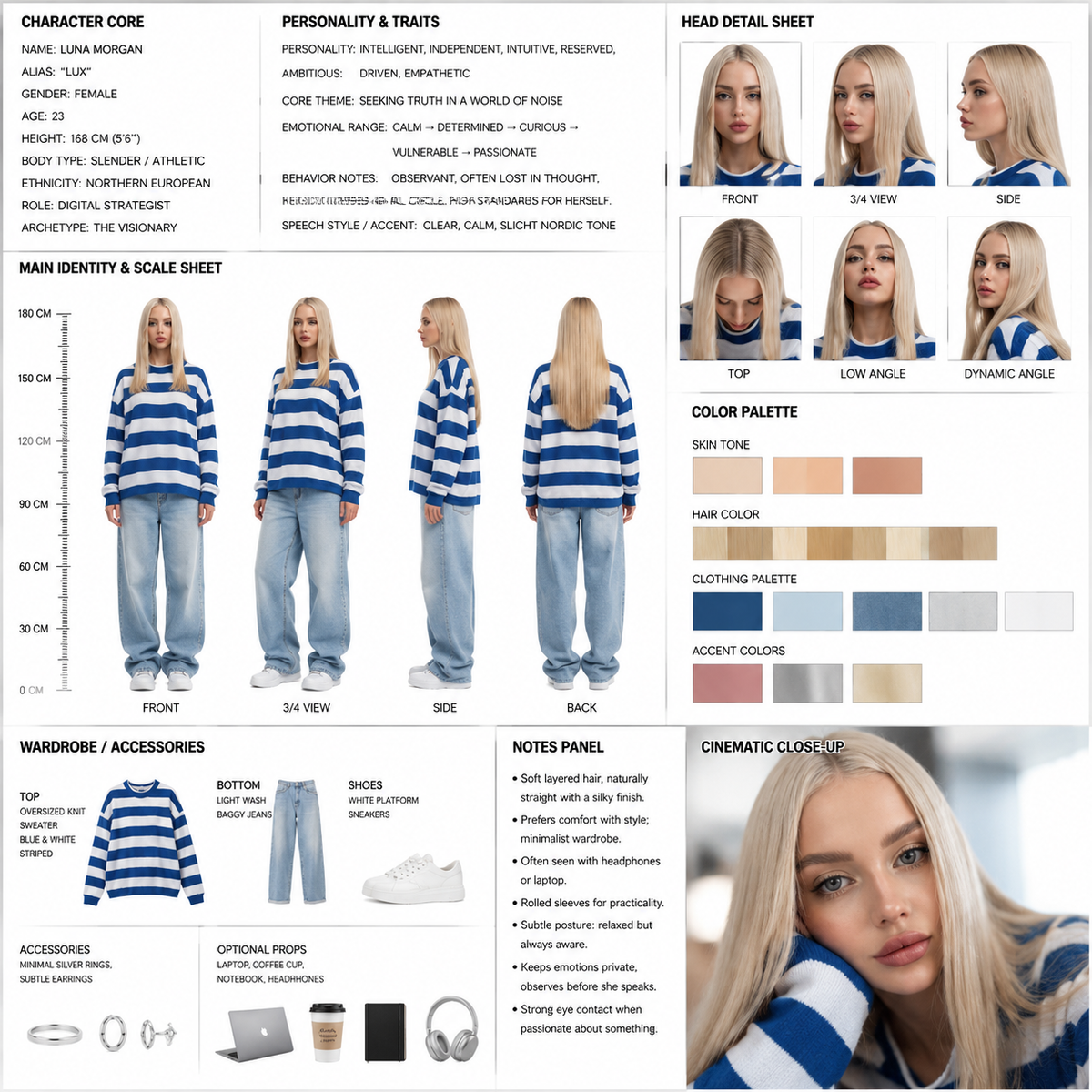 Generate image: Cinematic Character Concept Art Sheet (Realistic / hyper-Photore
