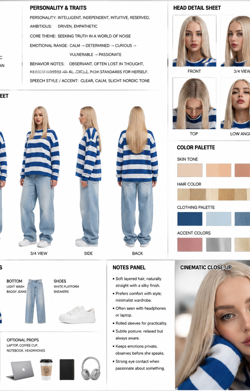 Generate image: Cinematic Character Concept Art Sheet (Realistic / hyper-Photore