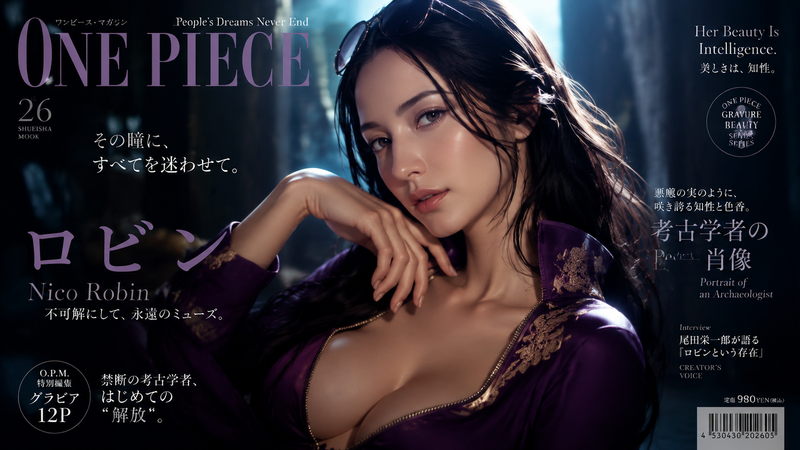 A cinematic high-end magazine cover style poster featuring 【Robin from One Piece