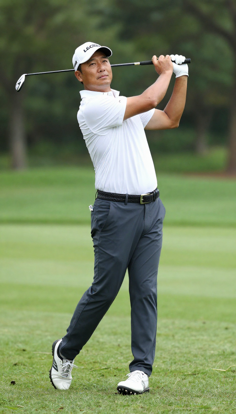 Photorealistic Asian or Caucasian male golfer aged 38-50, confident follow-throu