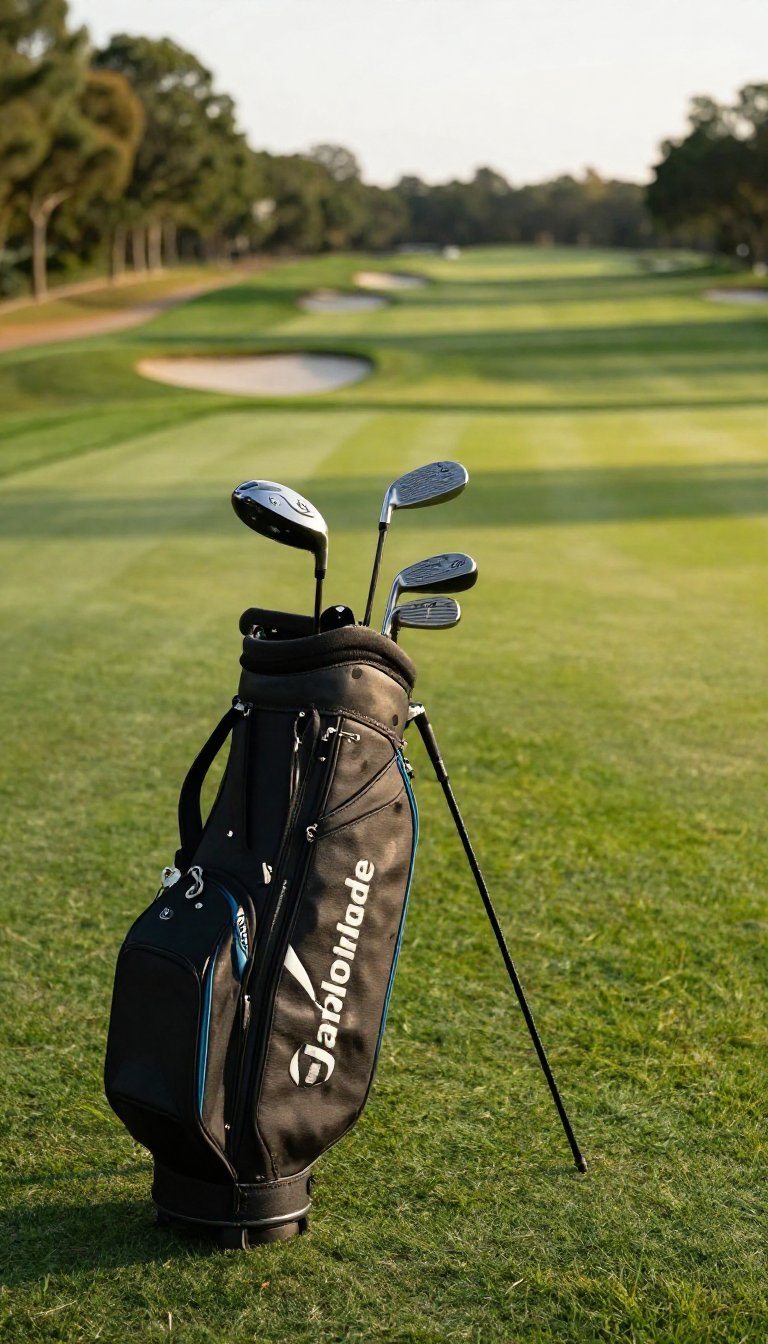 TaylorMade Qi4D Max Driver golf club leaning against a premium golf bag on a sce
