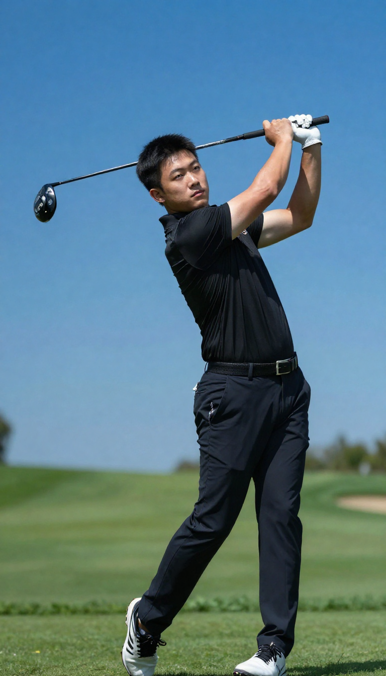 A 28-year-old East Asian man, lean athletic build, black golf polo, dark pants,