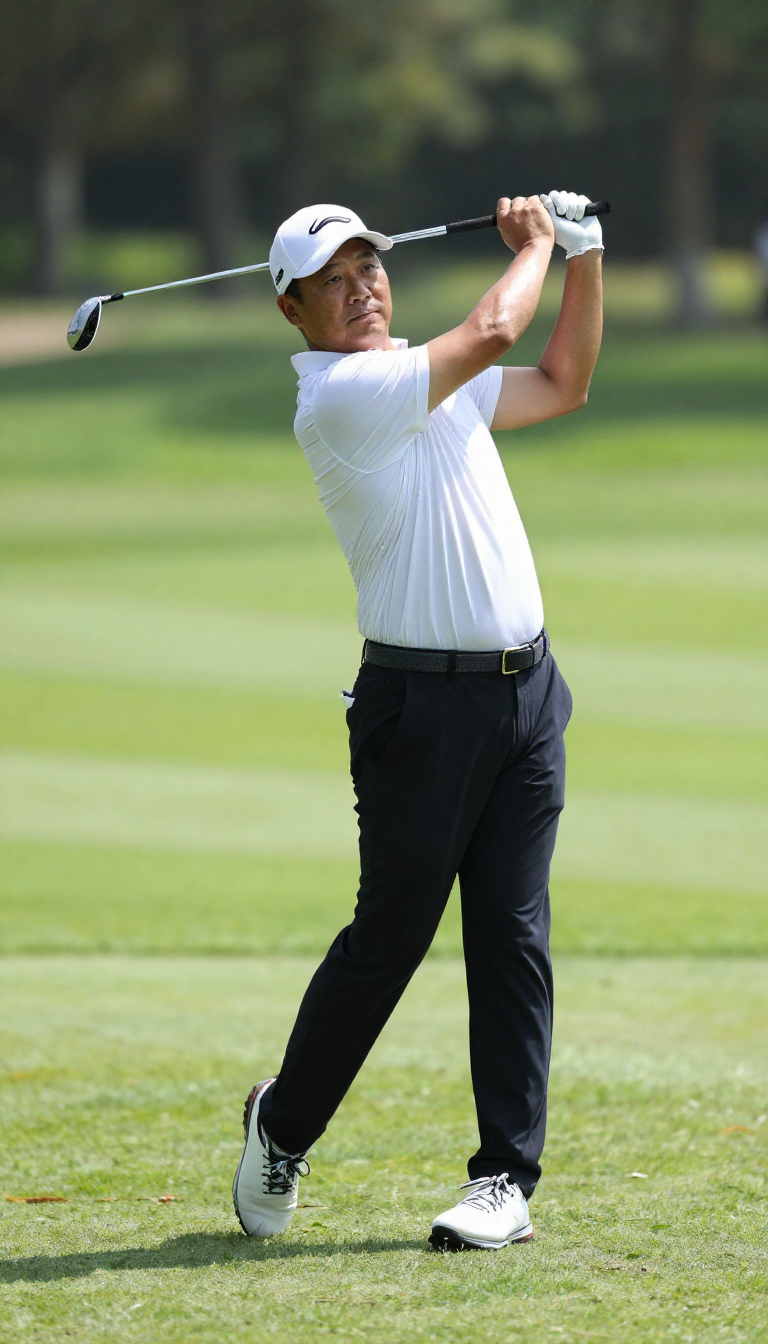 Photorealistic Asian male golfer aged 35-45, powerful mid-swing driver on golf c