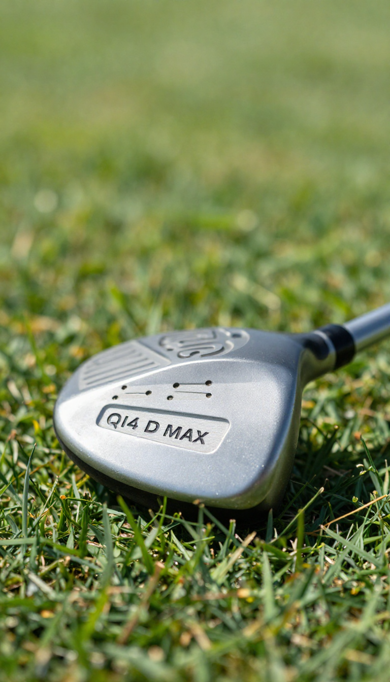 Close-up of TaylorMade Qi4D Max Driver golf club head resting on green grass, na