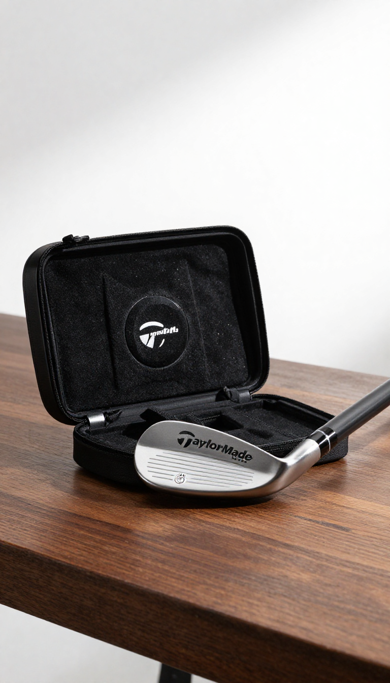 TaylorMade Qi4D Max Driver golf club unboxing on premium wooden table, clean whi